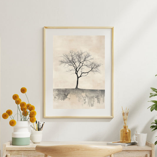 Minimalist Japandi wall art featuring a bare tree silhouette on a textured background