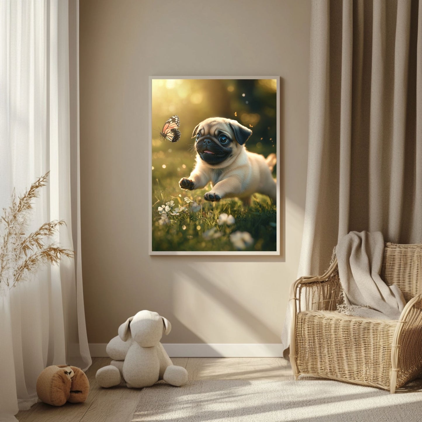 Pug art print showcasing a playful puppy outdoors