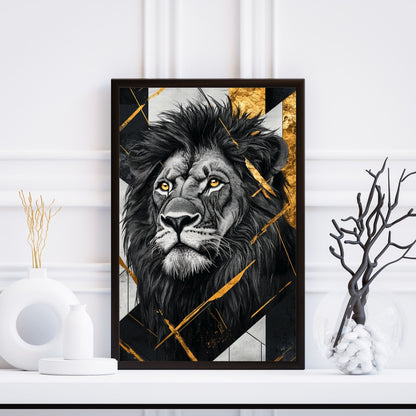 Bold and majestic black-and-white lion art with golden accents in the fur and background