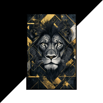 Regal lion with glowing eyes, black-and-white details, and golden geometric lines.