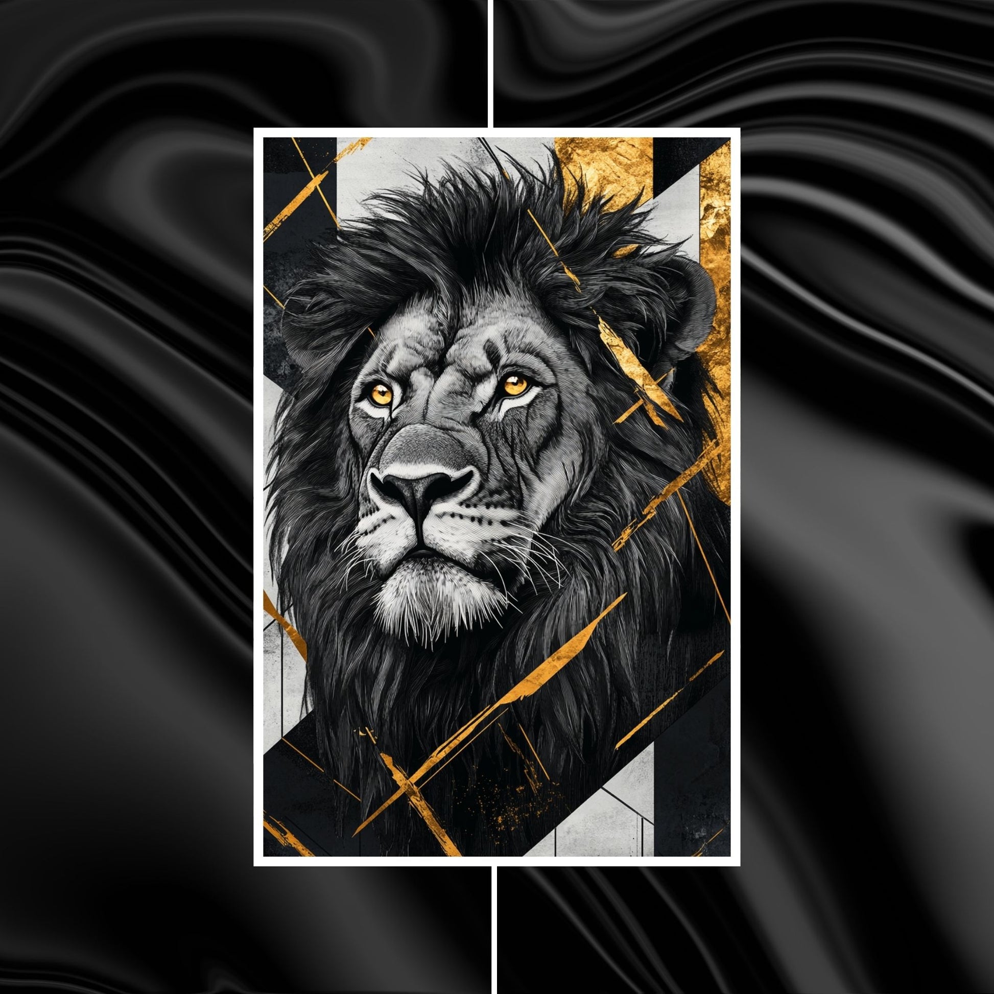 Black-and-white art featuring a lion’s face with bold golden details on the mane.