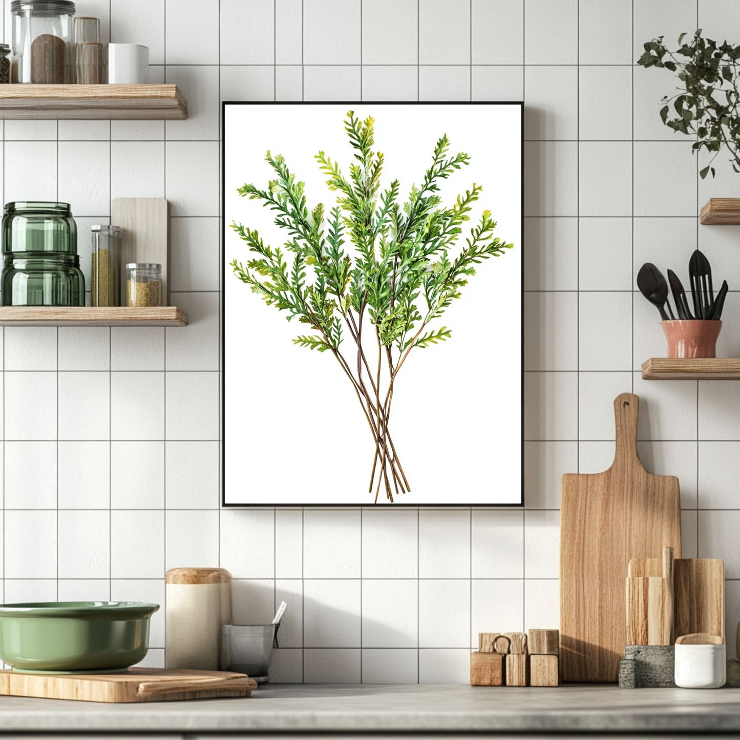 Mimosa print featuring vibrant green leaves and delicate yellow blooms, perfect for modern home decor