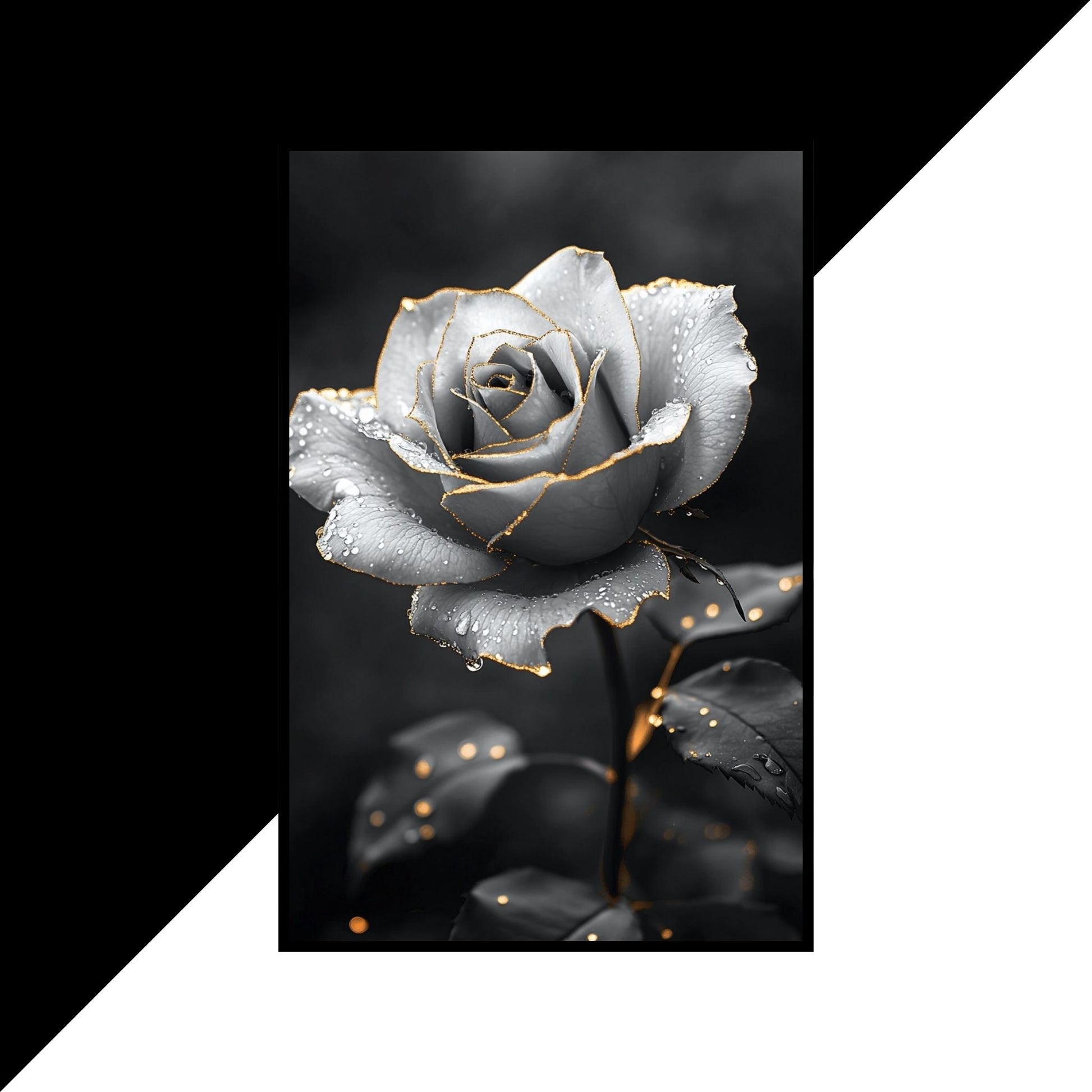 Graceful black-and-white art of a rose, featuring golden lines and a glowing effect