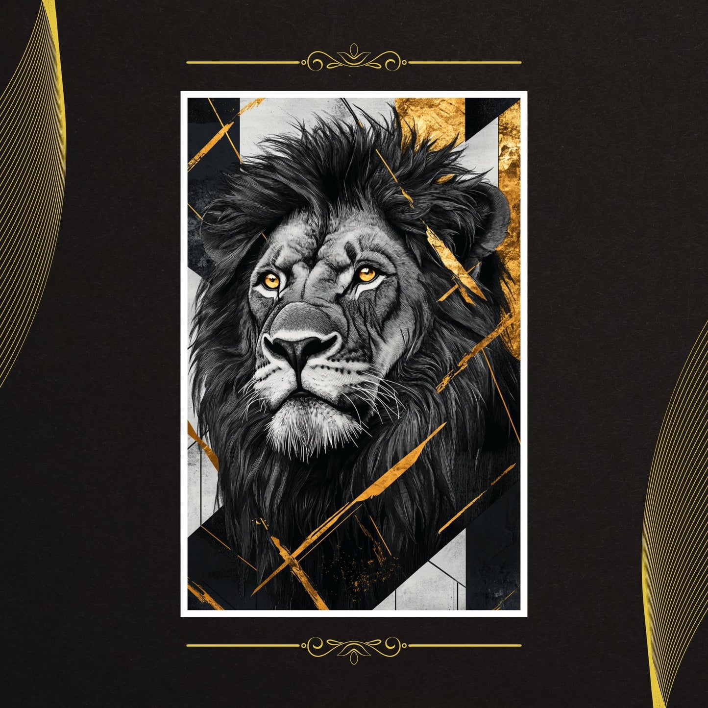 Stunning black-and-white lion portrait with gold highlights in the background and fur