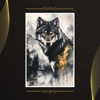 Majestic wolf with golden details in a black-and-white forest landscape