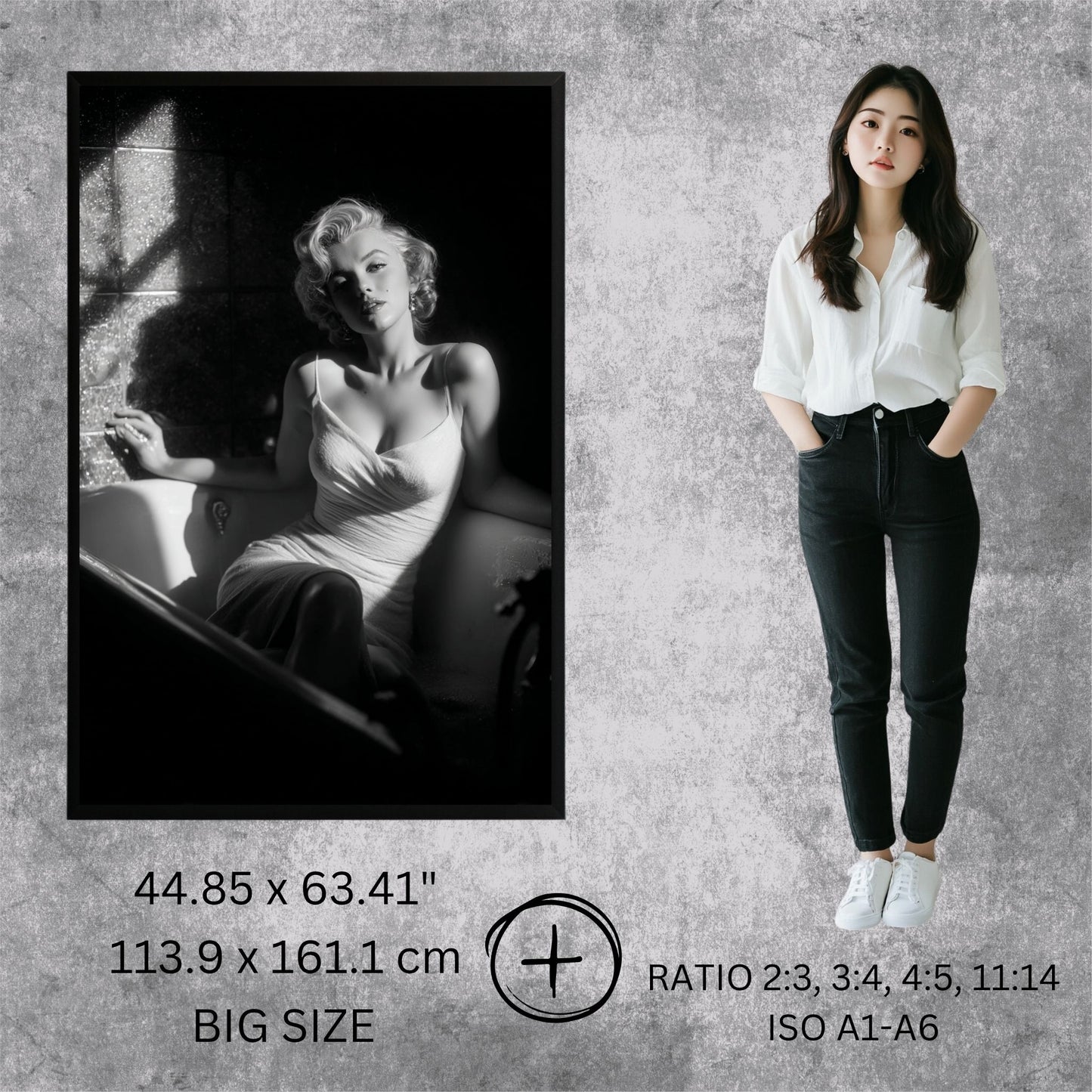 Person standing next to a framed black and white portrait of a famous actress on a textured gray wall.