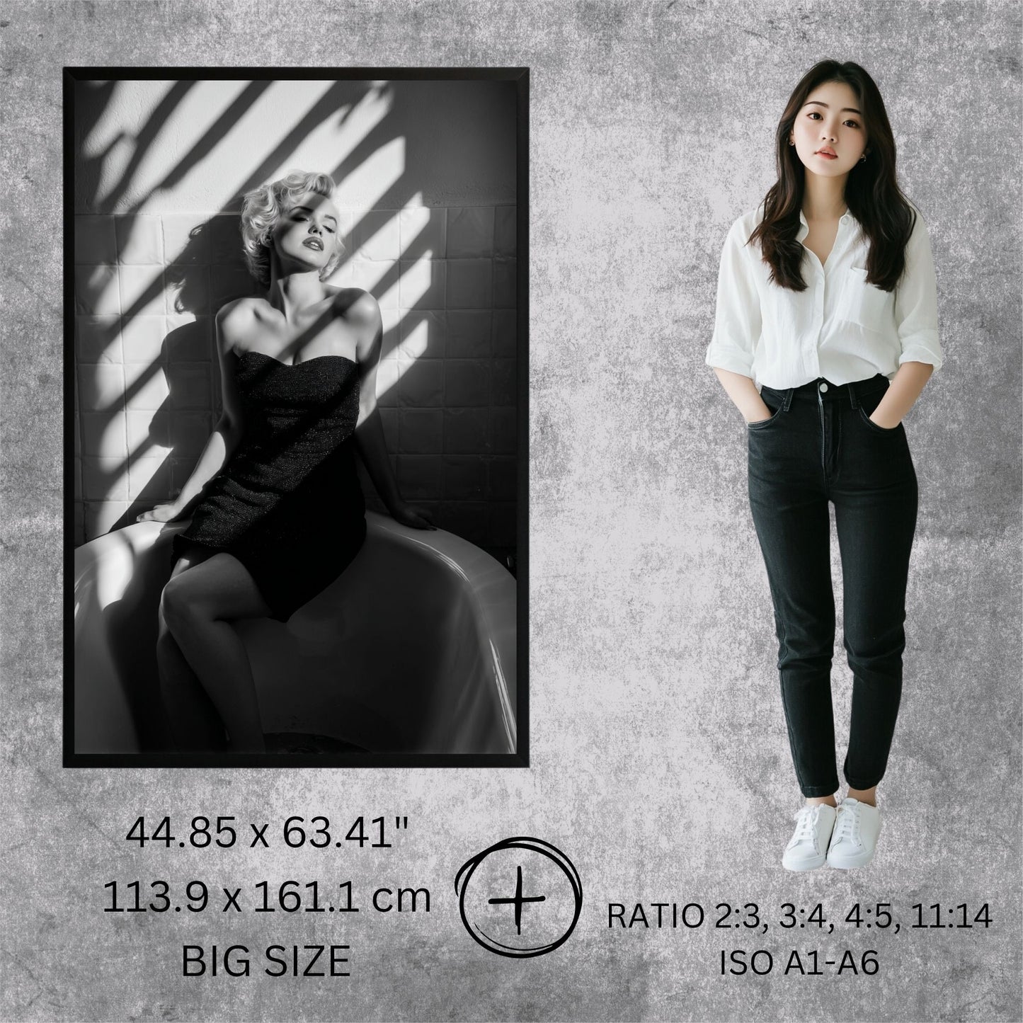 Marilyn Monroe in a black and white photo on the left, with a person in a white shirt and black pants on the right against a gray background.