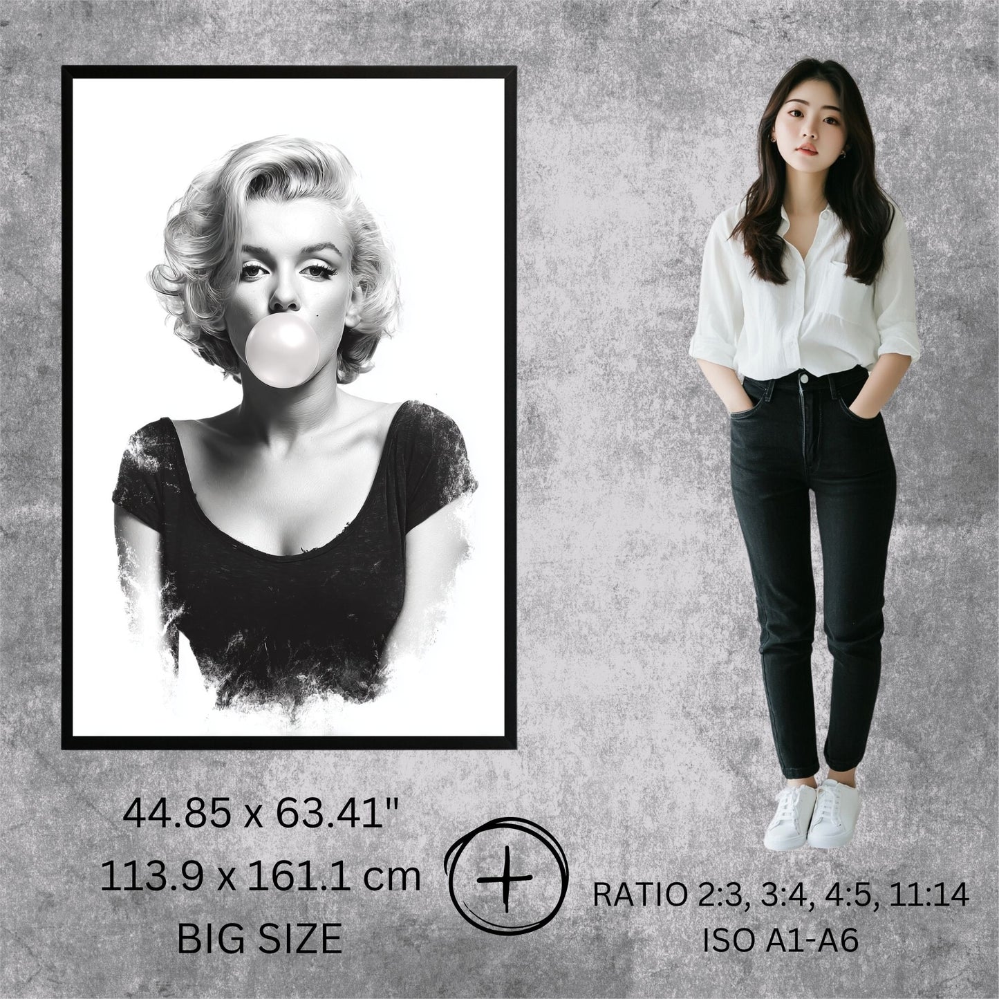 Framed black and white portrait of a woman blowing a bubble, next to a person standing against a gray wall.