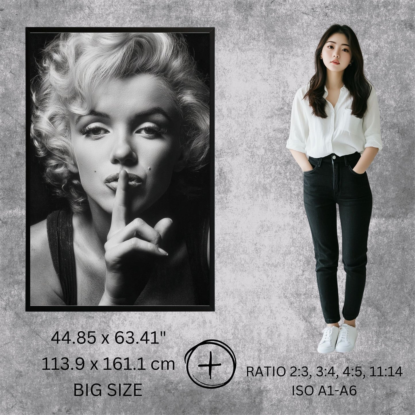 Person standing next to a framed black and white portrait of a famous actress on a textured wall.