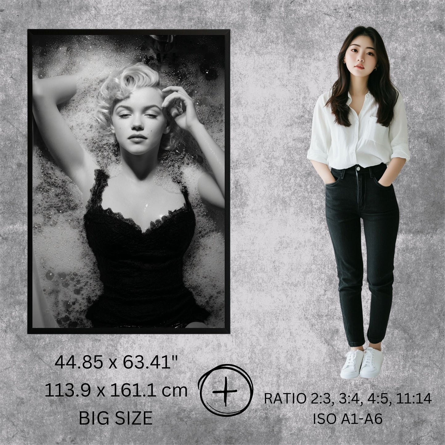 Person standing next to a framed black and white portrait of a famous actress on a textured gray background.