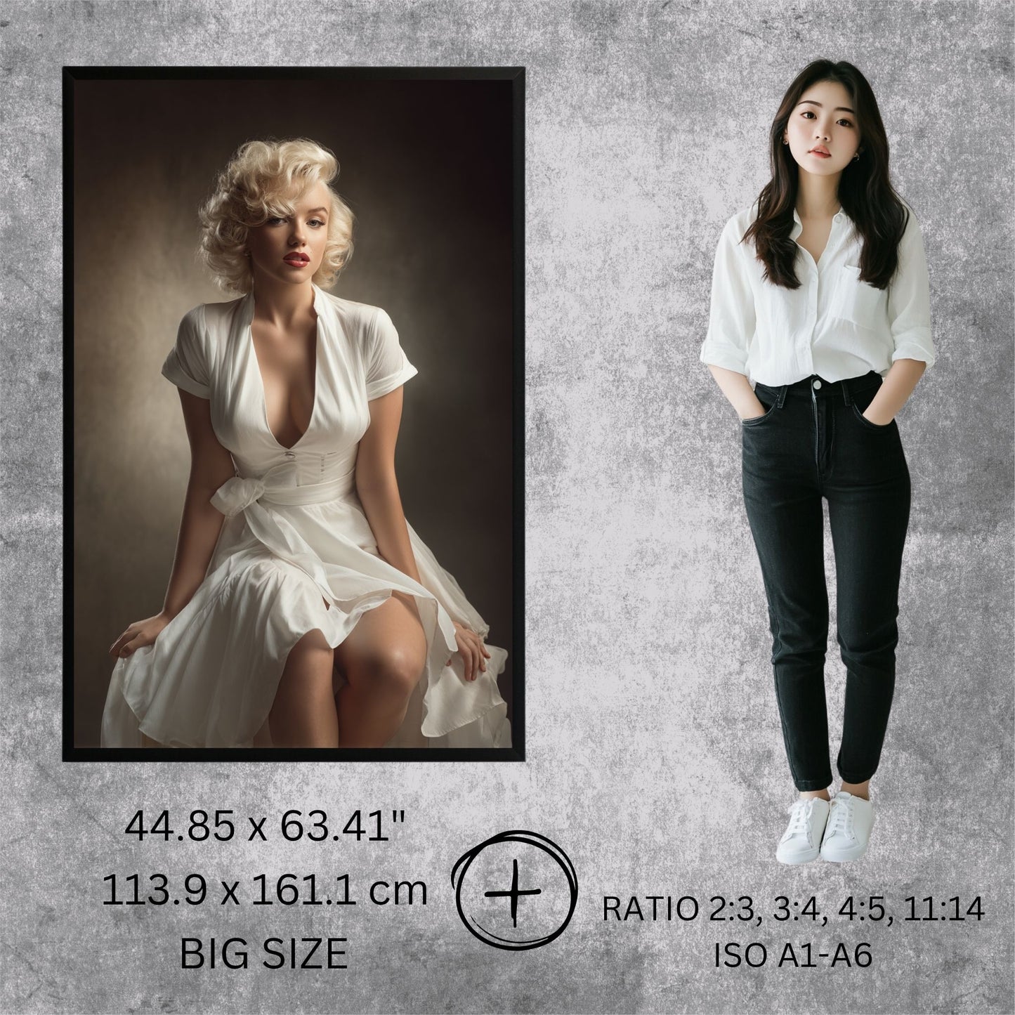 Comparison of a vintage-style portrait and a modern outfit on a textured gray background.