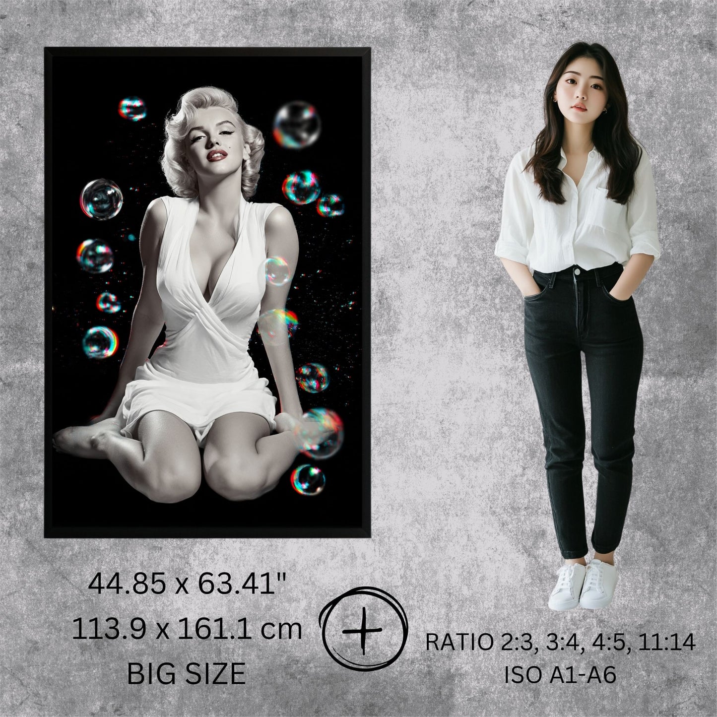 Woman standing next to a framed black and white portrait of a famous actress on a textured gray wall.