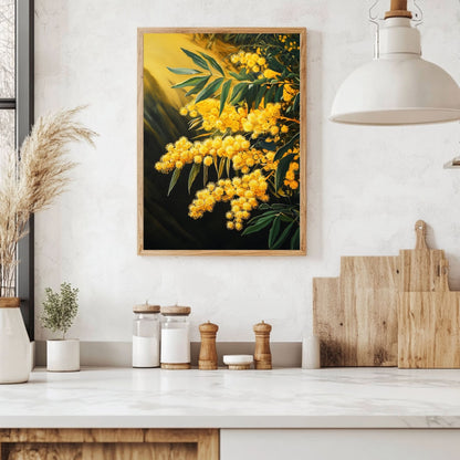 Vivid mimosa prints showcasing delicate yellow flowers with rich green leaves, an elegant addition to your home decor.