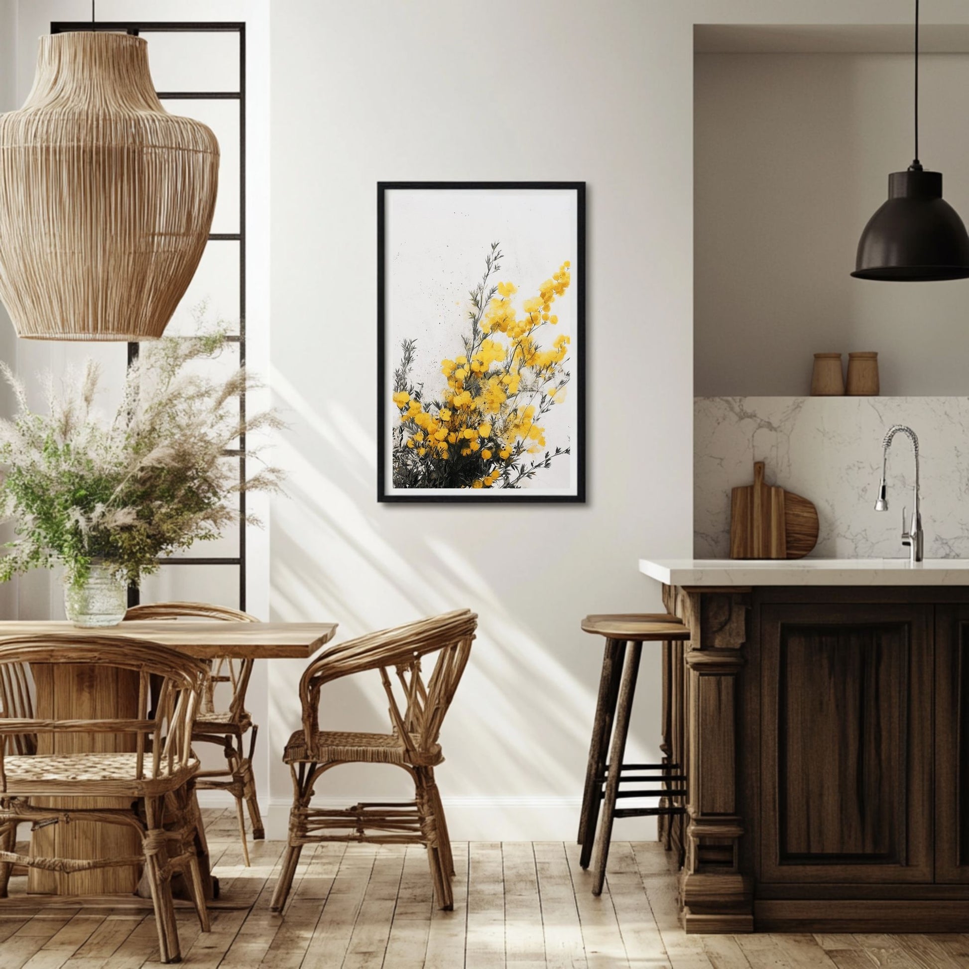 Mimosa artwork showcasing vibrant yellow flowers in full bloom with delicate green leaves, perfect for bringing warmth to your space