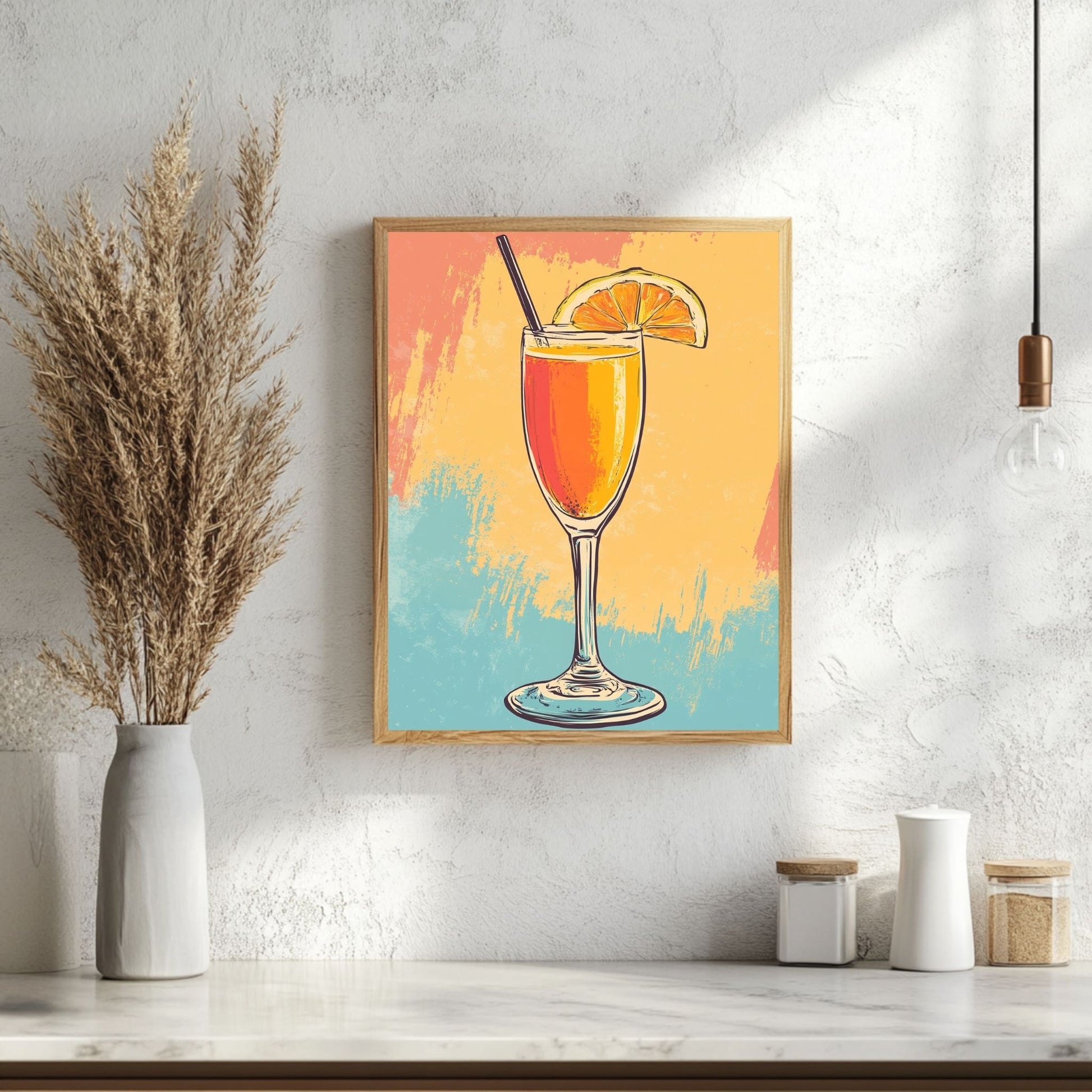 A colorful mimosa cocktail print featuring a bright orange drink garnished with a fresh orange slice, perfect for adding a lively touch to any room