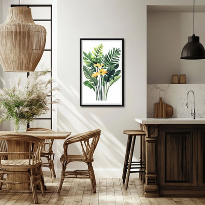 Delicate mimosa painting showcasing yellow blossoms against soft green foliage, ideal for creating a serene and inviting atmosphere