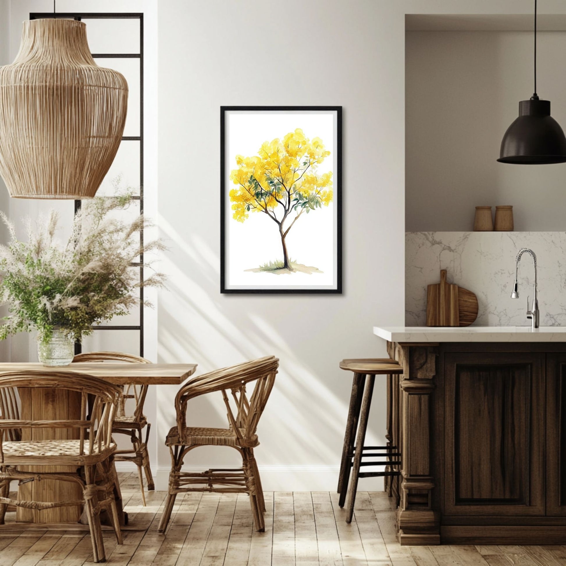 Bright and beautiful mimosa tree art print with soft background hues, bringing the beauty of nature to your home