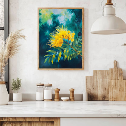 Colorful mimosa digital print highlighting the golden flowers and elegant green leaves, a perfect addition to your walls