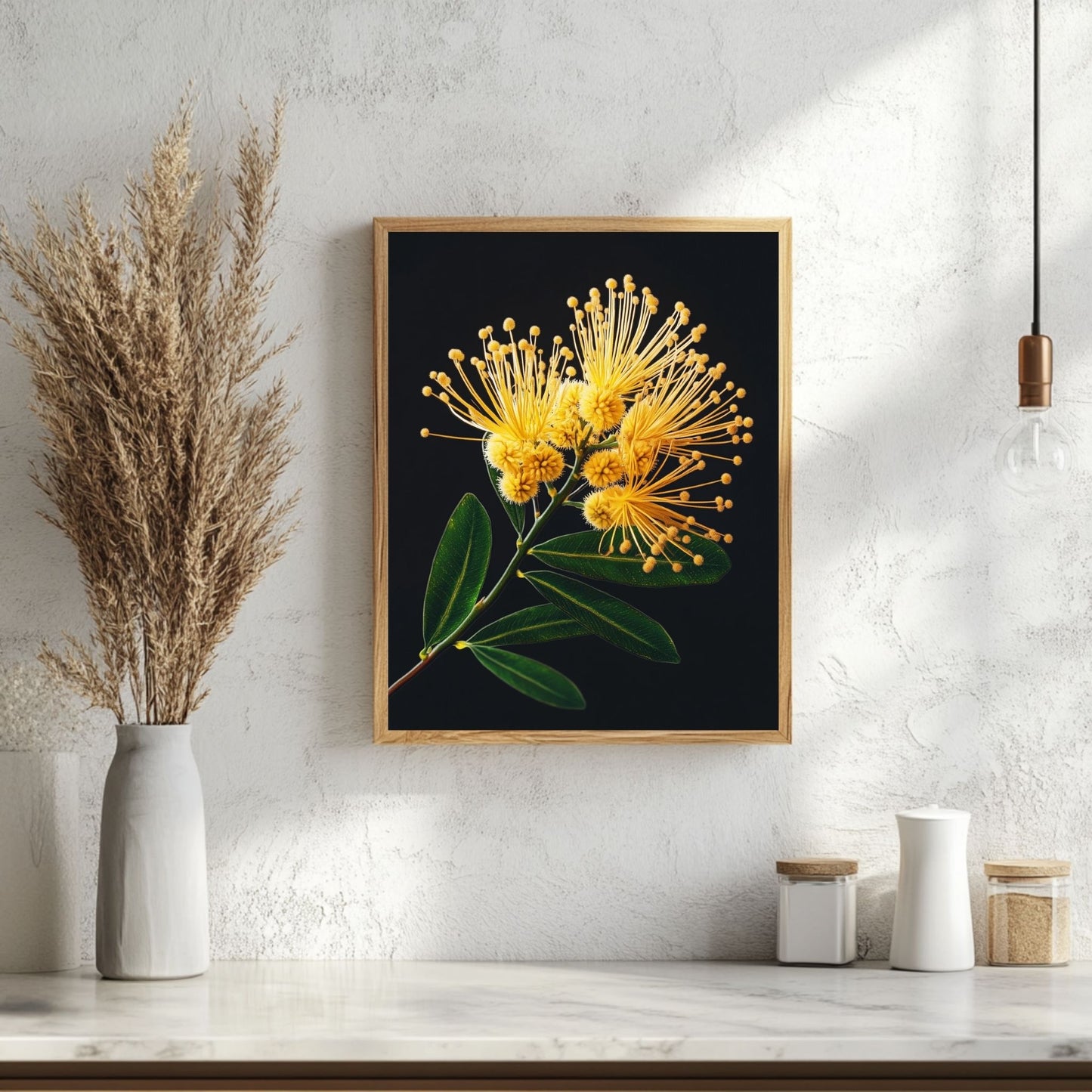 Beautiful mimosa blossoms in full bloom, showcasing their golden yellow hues against a dark background, ideal for wall art