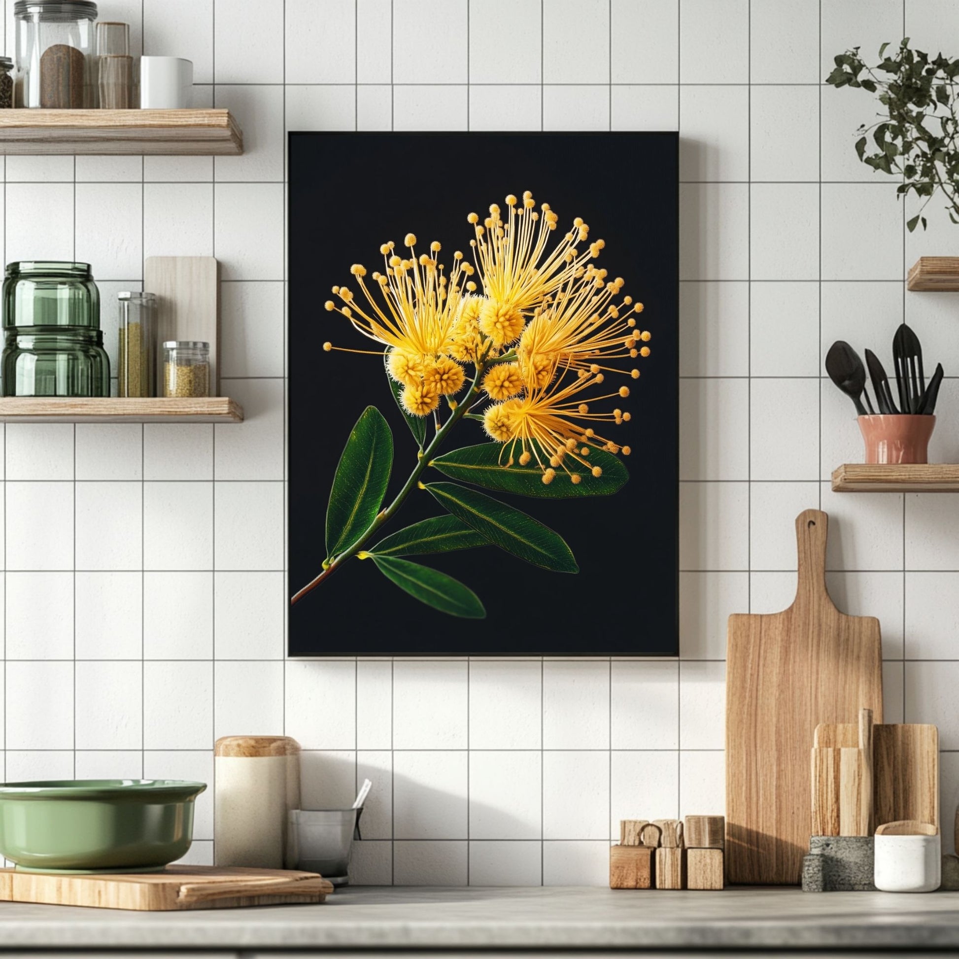 A vibrant mimosa digital print with detailed yellow blooms and green leaves, ideal for adding color and life to your home.