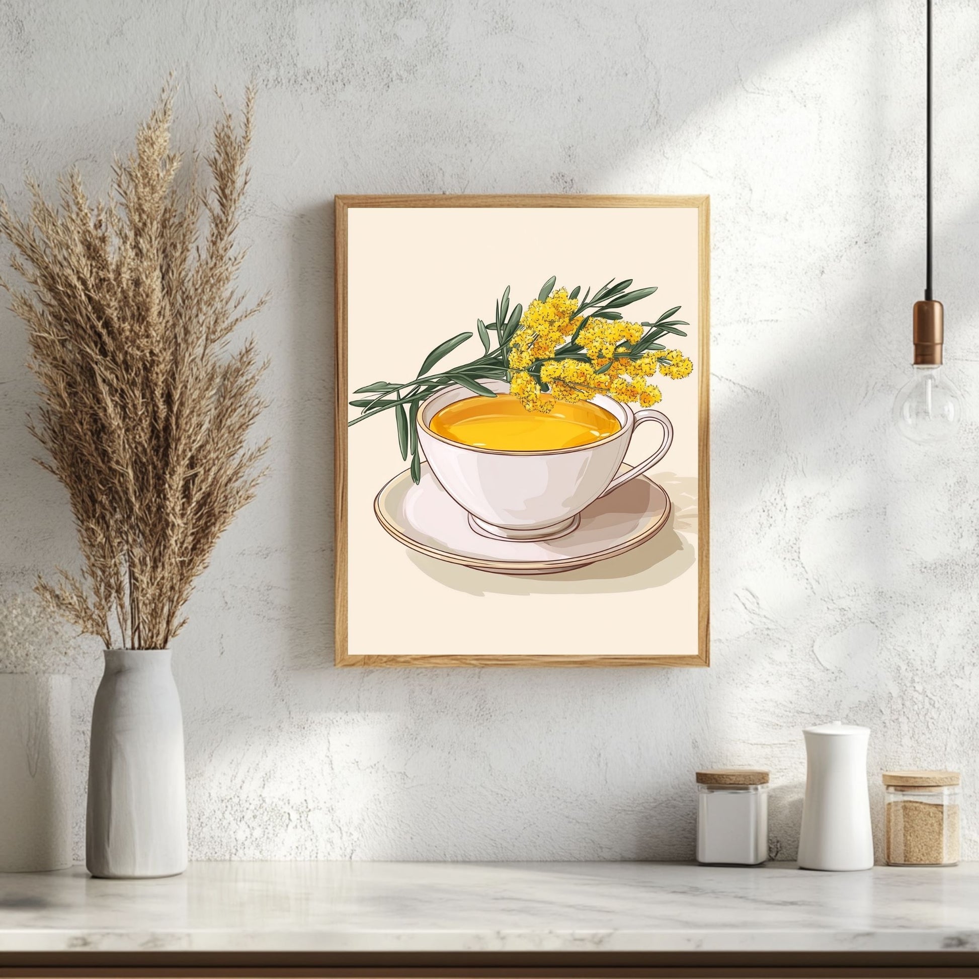 A delightful mimosa digital print showcasing a vibrant teacup filled with yellow mimosa flowers, perfect for a cozy, inviting space