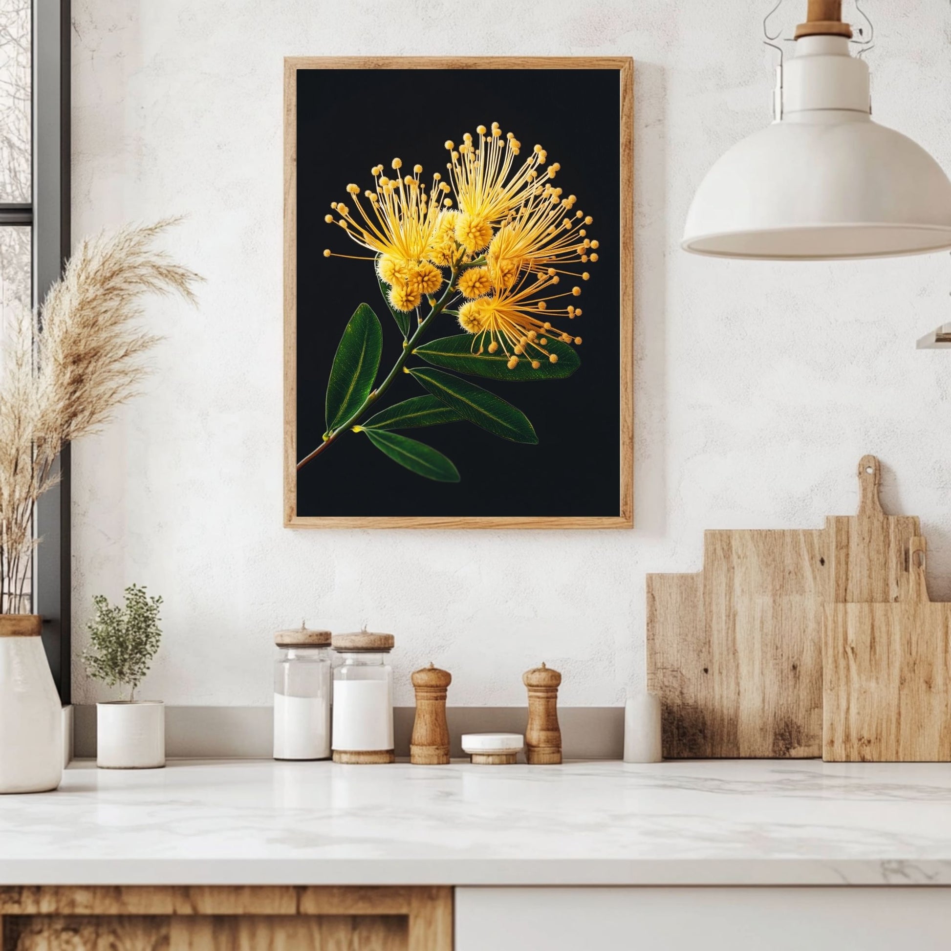 A stunning mimosa painting capturing the beauty of yellow mimosa flowers with lush green leaves, offering a cheerful addition to any room.