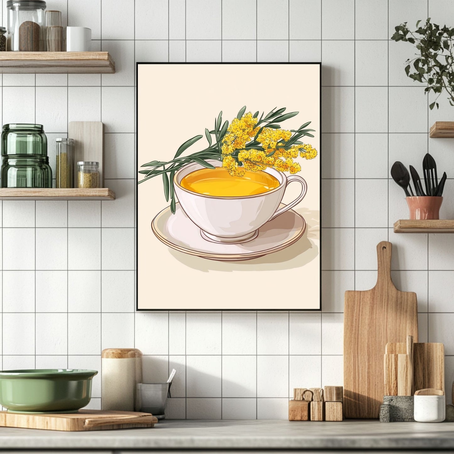 A charming mimosa digital print with a teacup filled with bright yellow mimosa flowers, perfect for adding warmth and brightness to your space