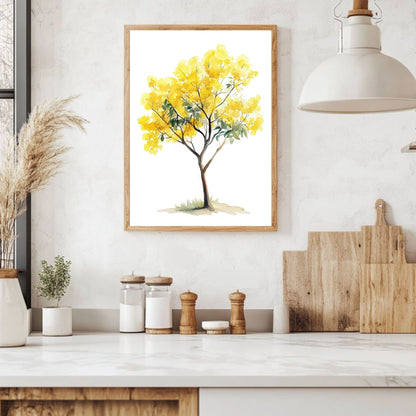 Watercolor mimosa tree art with bright yellow blooms, perfect for bringing a sunny touch to any room