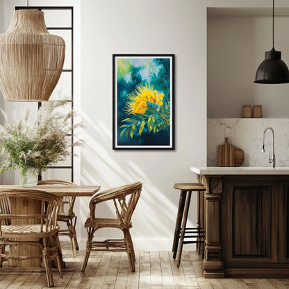 Bright mimosa print showcasing golden flowers and lush foliage, ideal for a cheerful home decor