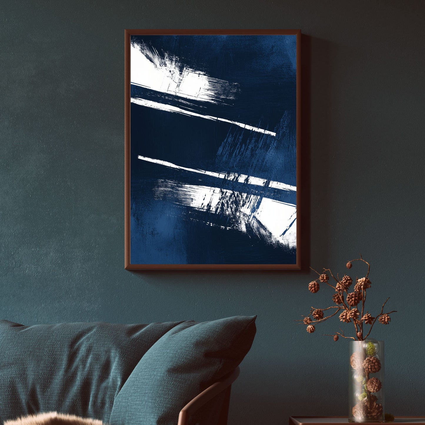 Bold brush strokes in blue and white for trendy wall art