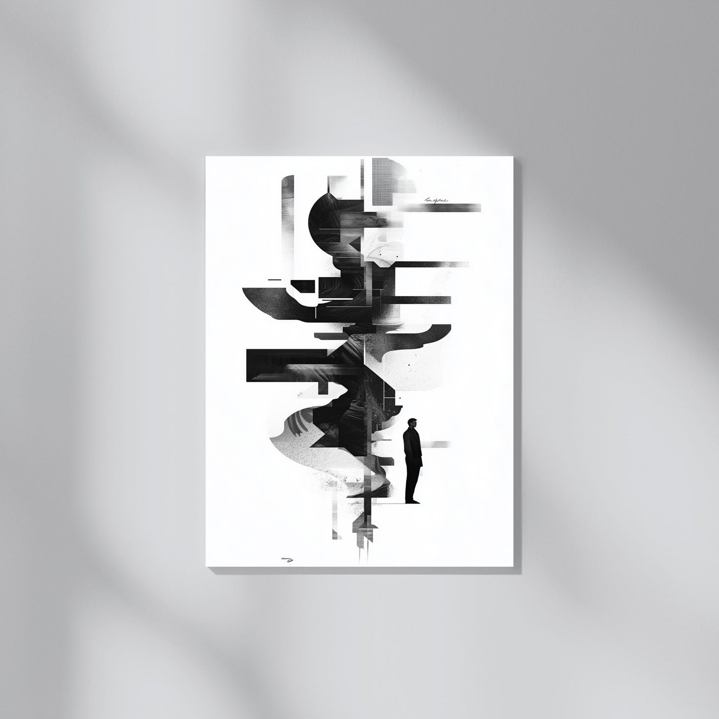 Minimalist abstract black and white digital print with human silhouette