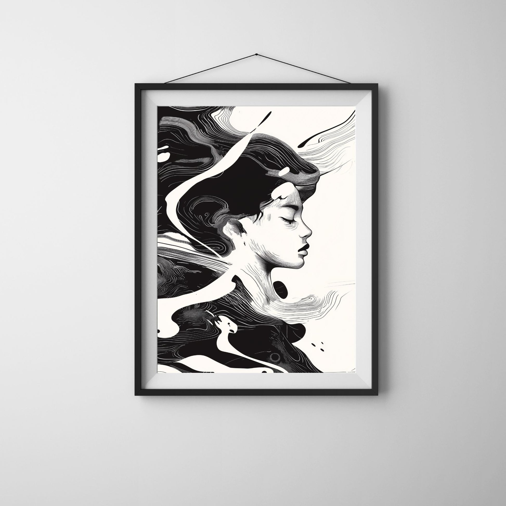 Black and white abstract wall art portraying a serene female profile