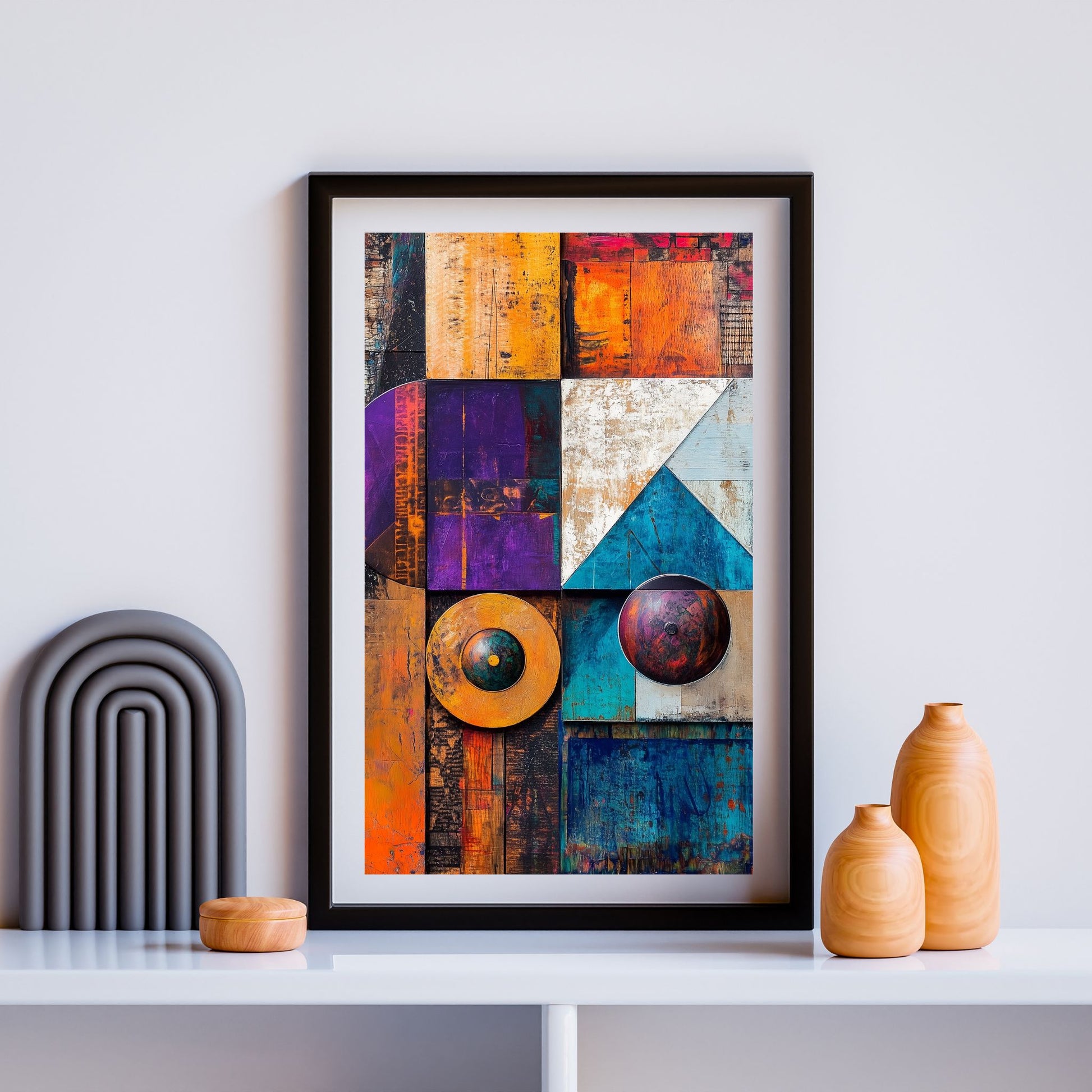 Abstract artwork featuring geometric shapes and textured colors