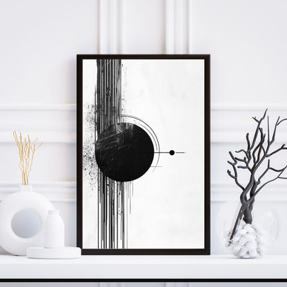 Modern black circle with dripping lines on a white textured background