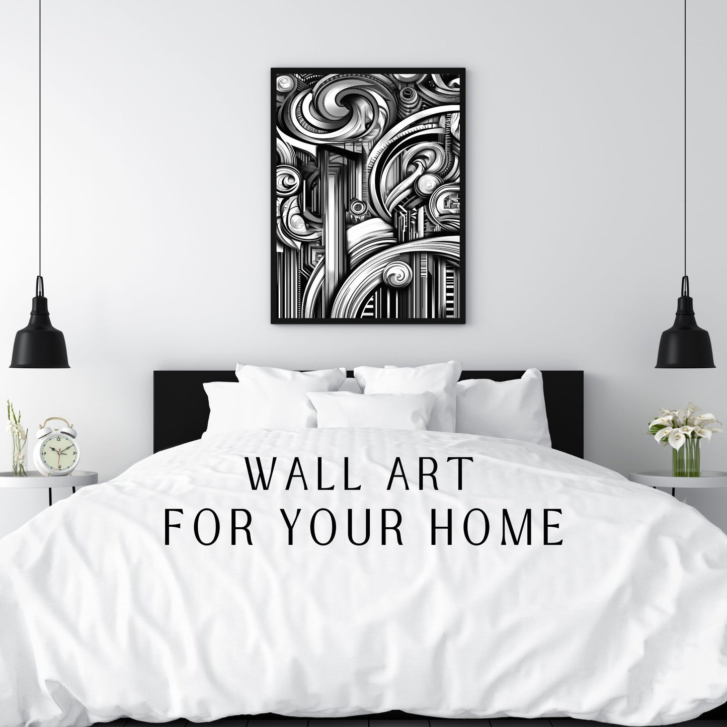 Black and white abstract wall art with curved and linear designs