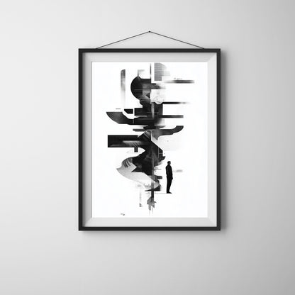 Monochrome minimalist abstract artwork featuring structural designs and a man