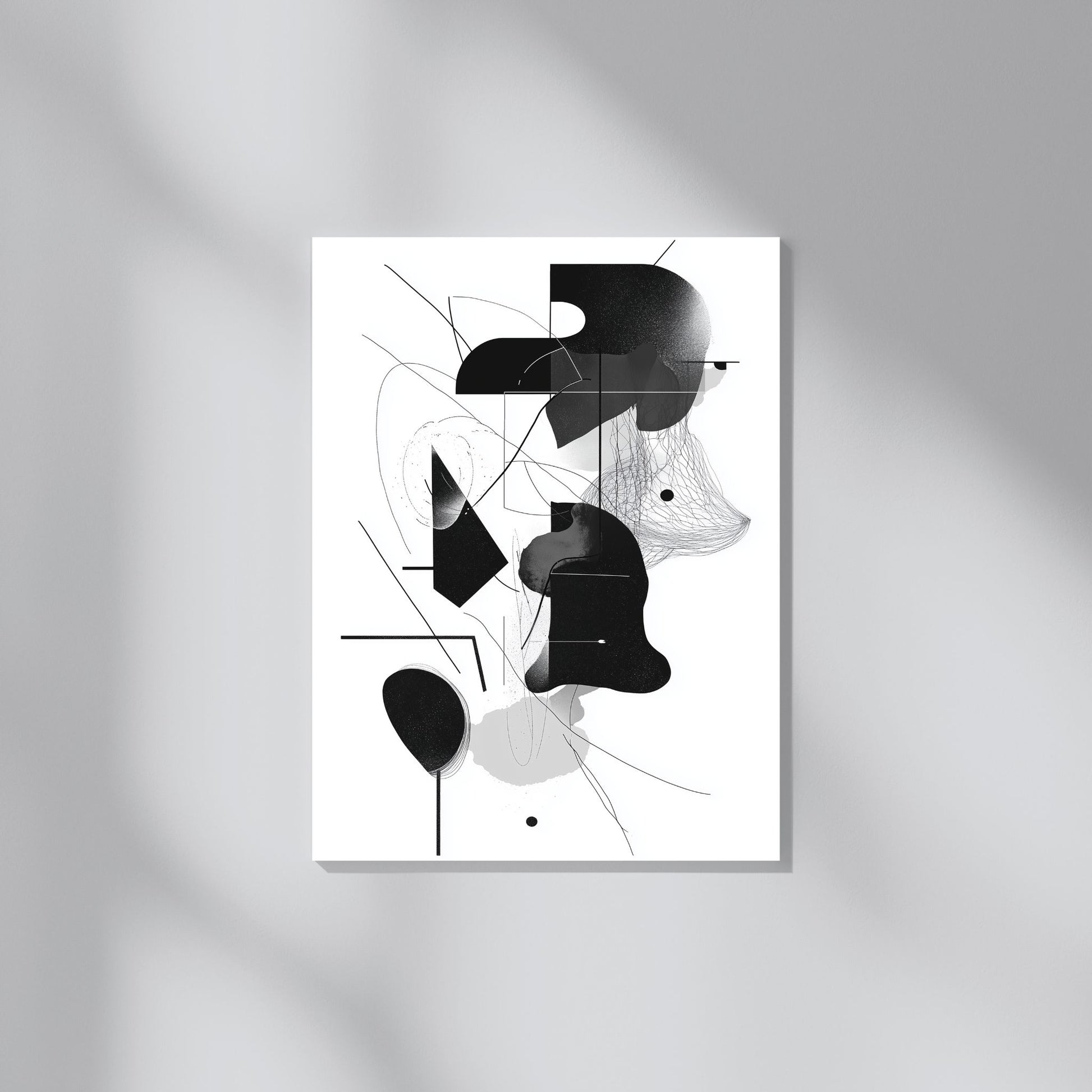 Contemporary black and white artwork with layered shapes