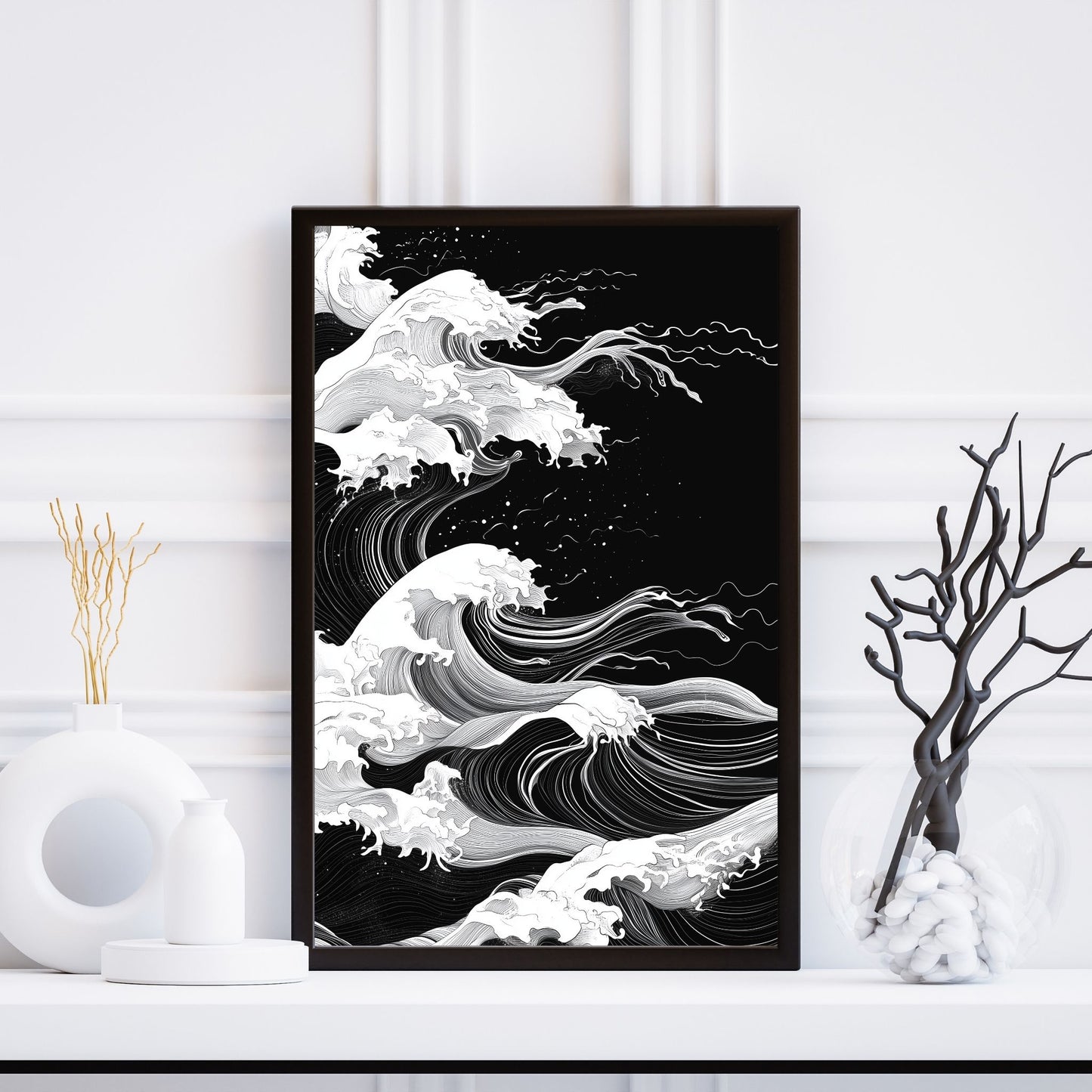 Modern monochrome wave design for black and white wall decor