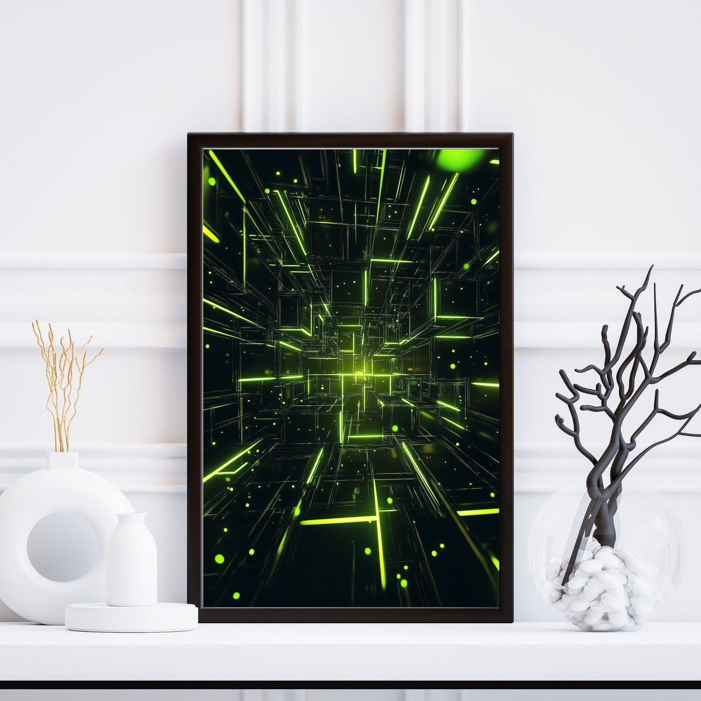 Neon green geometric line art with illuminated cube designs