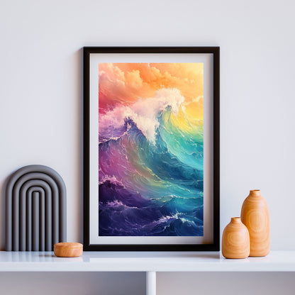 Ethereal rainbow ocean waves in a unique painting style