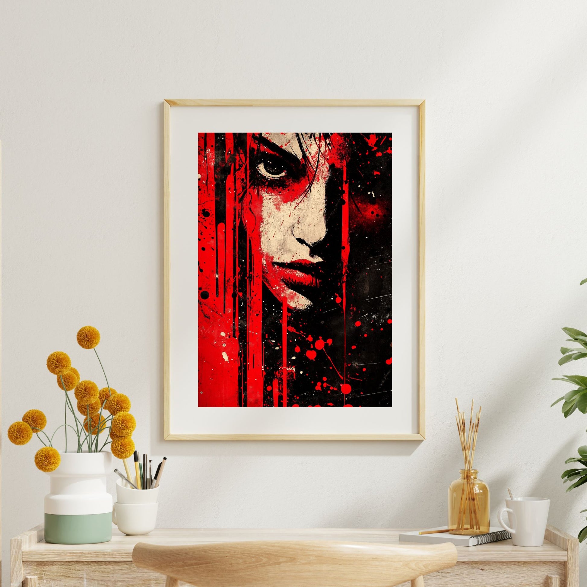 Modern canvas wall art with red and black artistic splashes