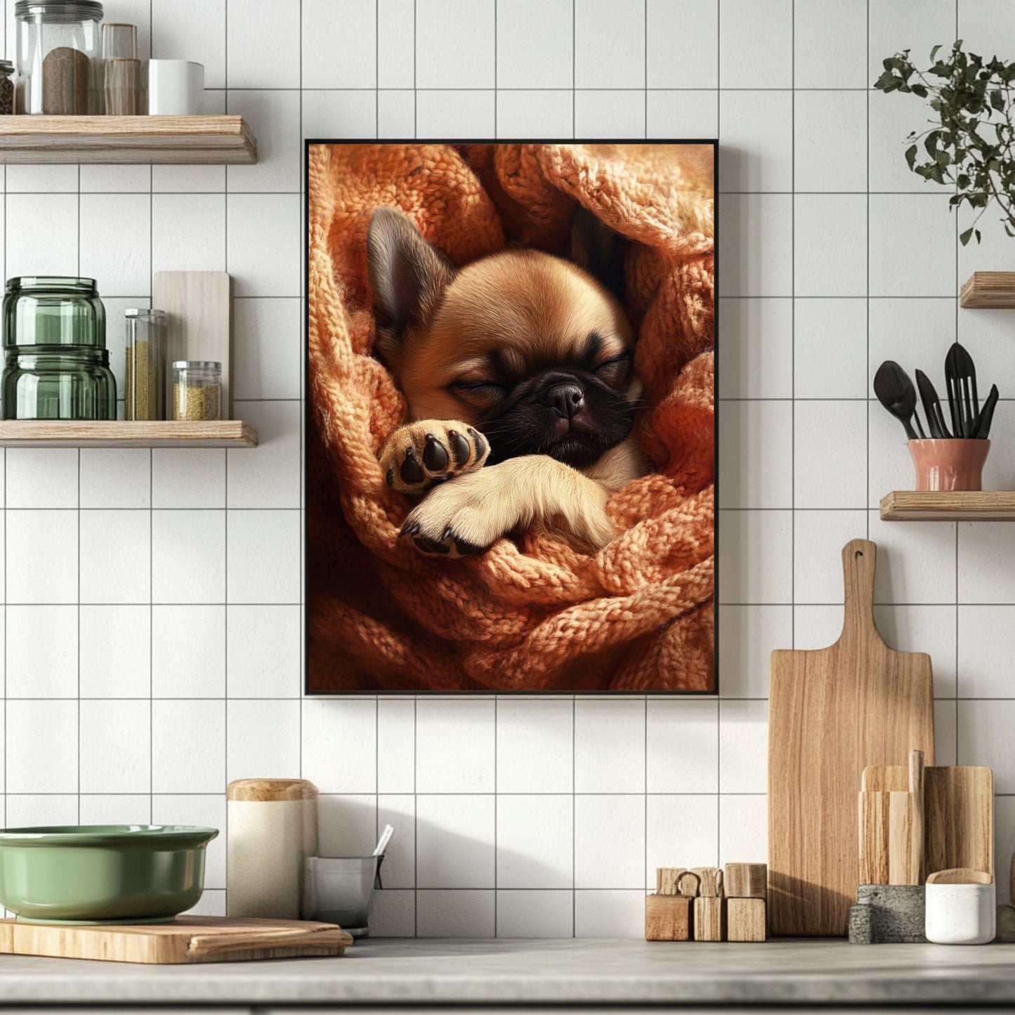 Cozy pug art print resting in a soft blanket