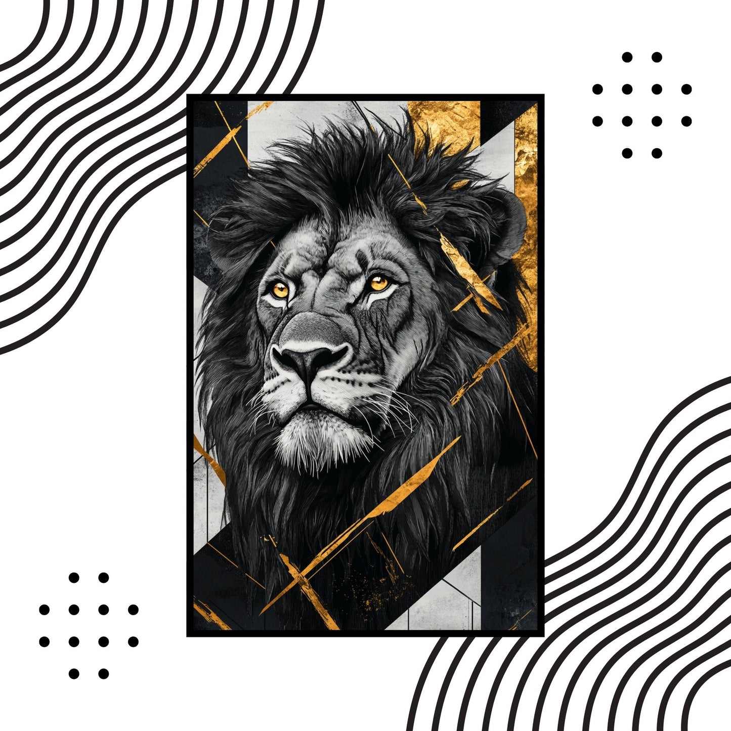 Fierce lion artwork in black and white, enhanced with golden brush strokes.