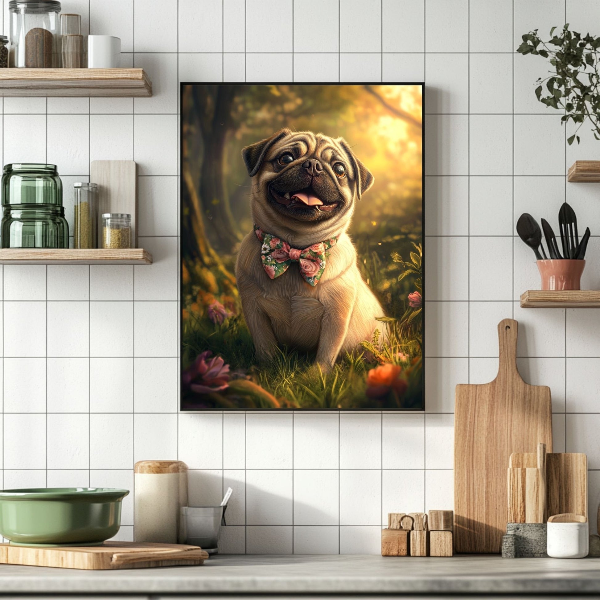 Adorable pug dog smiling in a flower-filled meadow