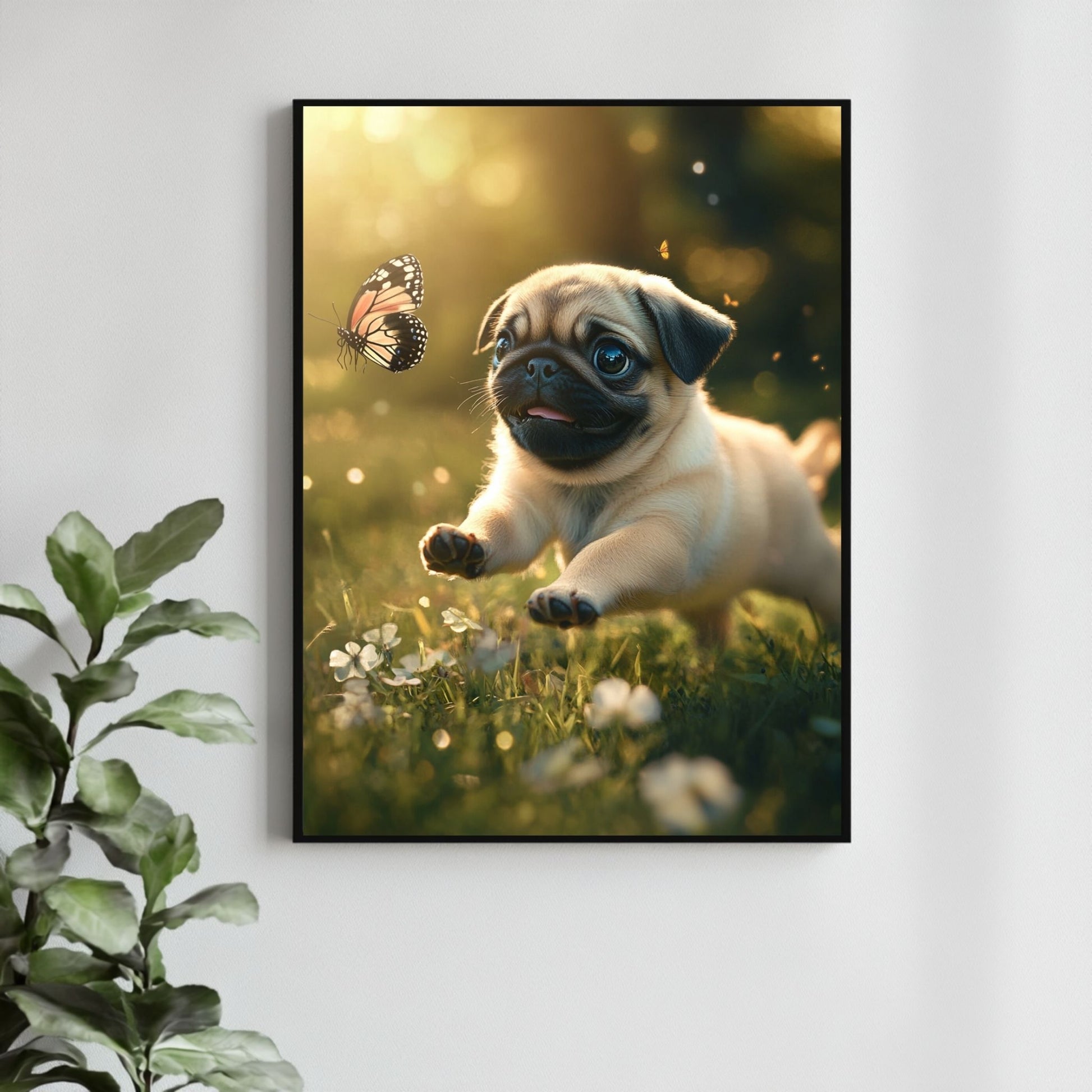 Adorable pug dog in motion surrounded by flowers