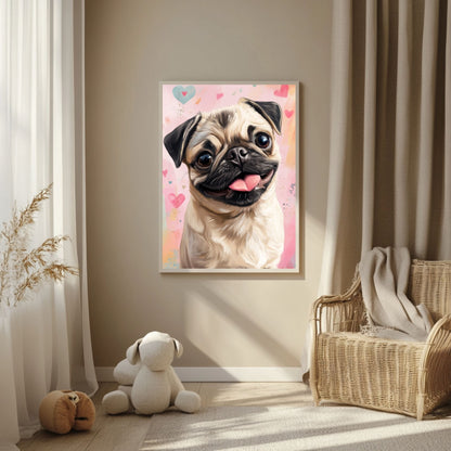 Pug art poster with heart-shaped elements