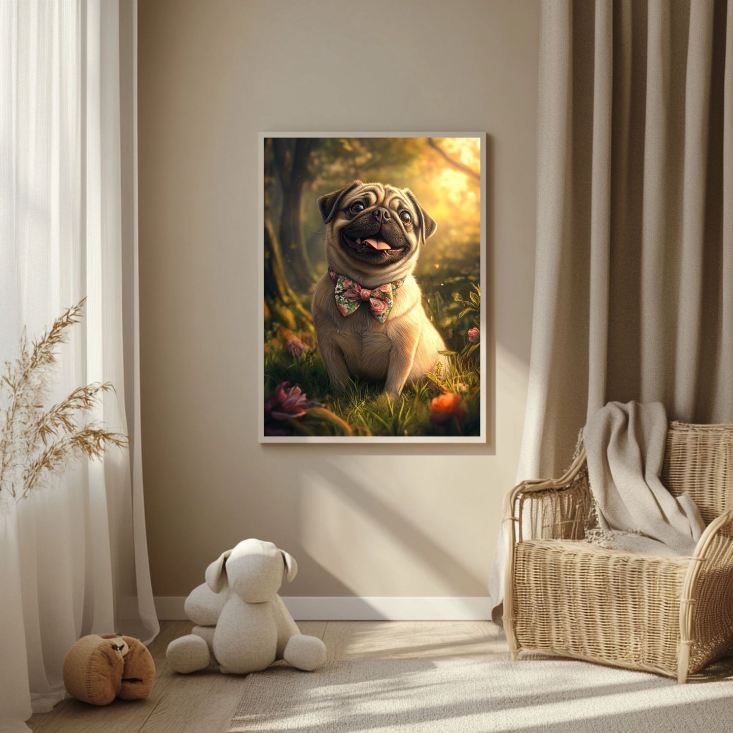 Floral bowtie pug art poster in a serene outdoor setting