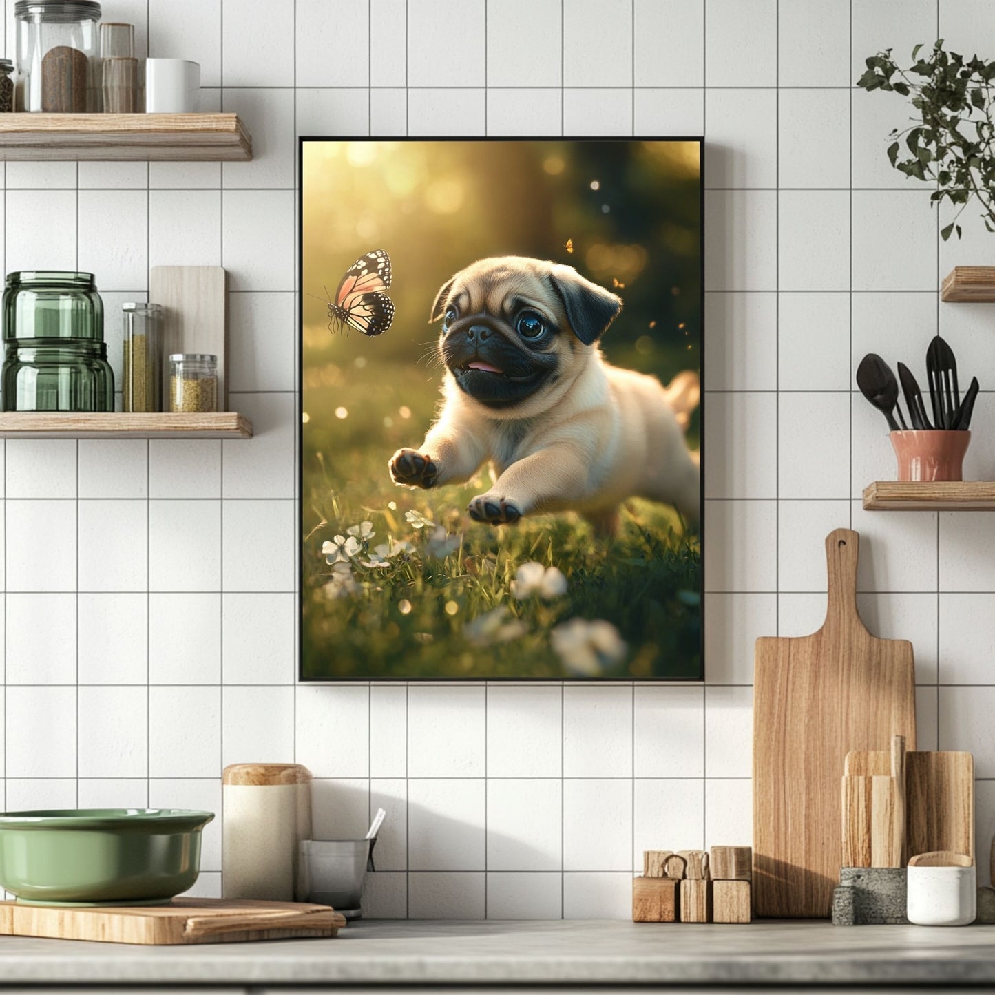 Cute pug running with butterfly in a playful moment