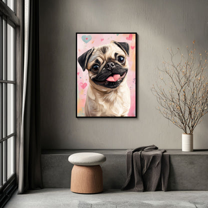 Happy pug dog with a joyful smile and heart background