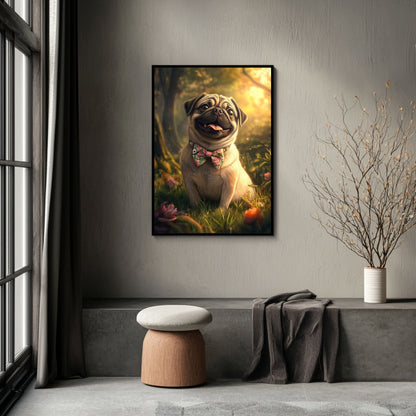 Pug art print with floral bowtie and joyful expression